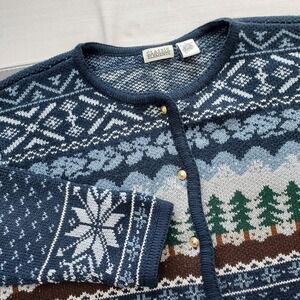 Vtg Classic‎ Elements Women's Blue Snowflake Tree Fair Isle Cardigan Sweater L